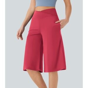 Halara Women Crossover V-Waist Culotte Pants Red Wide Leg Cropped Pockets XL NEW